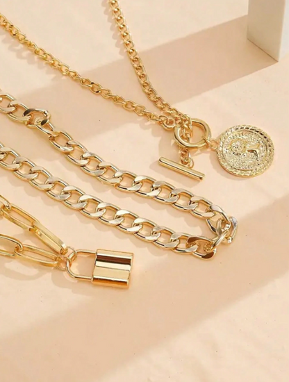 Punk-Style Vintage Multi-Layer Lock & Portrait Necklace – OT Clasp Gold Chain for Women