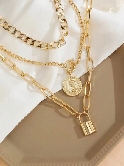 Punk-Style Vintage Multi-Layer Lock & Portrait Necklace – OT Clasp Gold Chain for Women