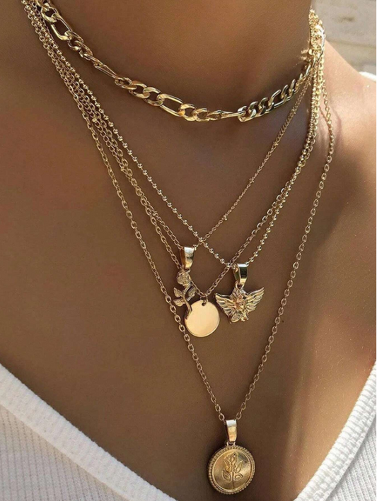 Rose & Angel Layered Pendant Necklace – Gold Multi-Chain