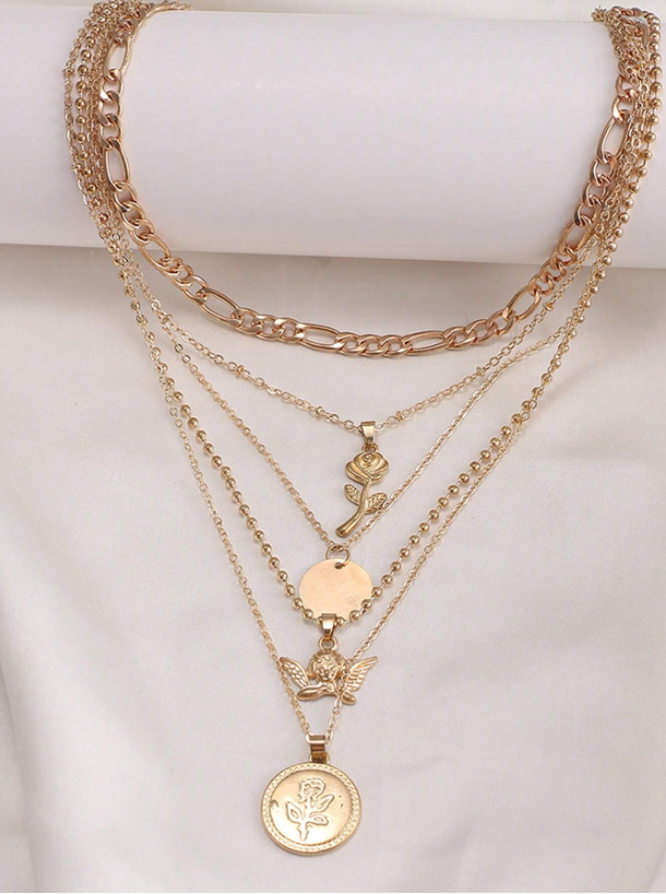 Rose & Angel Layered Pendant Necklace – Gold Multi-Chain