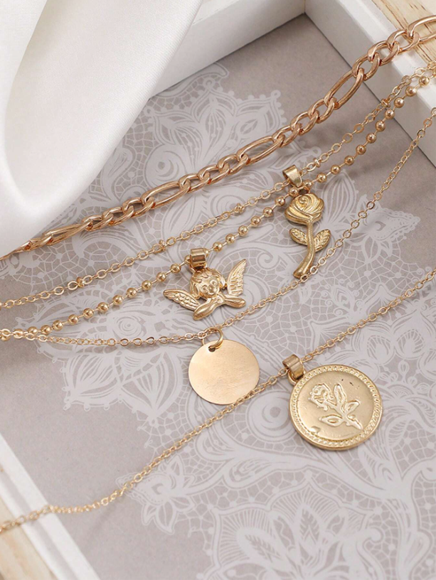 Rose & Angel Layered Pendant Necklace – Gold Multi-Chain