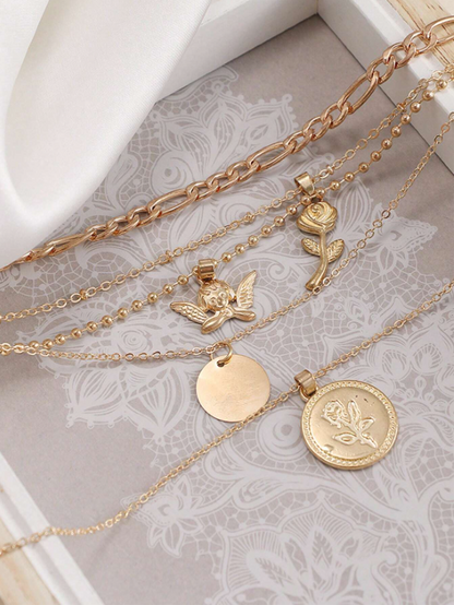 Rose & Angel Layered Pendant Necklace – Gold Multi-Chain