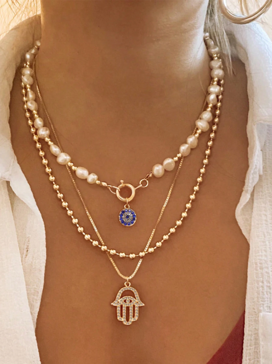 Evil Eye & Hamsa Charm Layered Necklace – Gold Old Money Style with Rhinestones & Pearl Accents