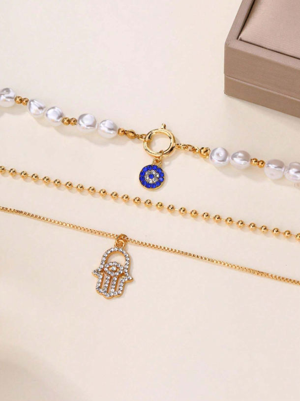Evil Eye & Hamsa Charm Layered Necklace – Gold Old Money Style with Rhinestones & Pearl Accents