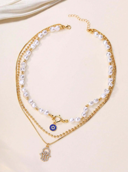 Evil Eye & Hamsa Charm Layered Necklace – Gold Old Money Style with Rhinestones & Pearl Accents