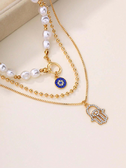 Evil Eye & Hamsa Charm Layered Necklace – Gold Old Money Style with Rhinestones & Pearl Accents