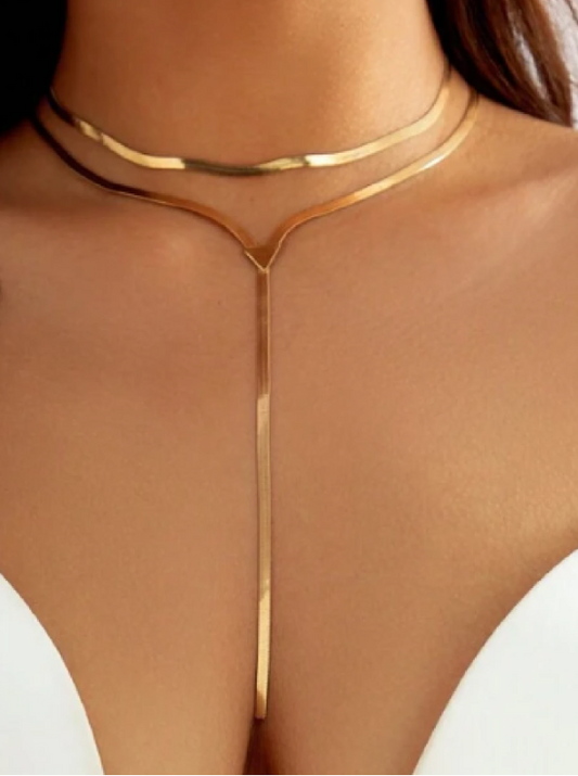 2pcs Gold & Silver Snake Bone Chain Layered Necklace Set – Y-Shaped Geometric Pendant for Party & Daily Wear