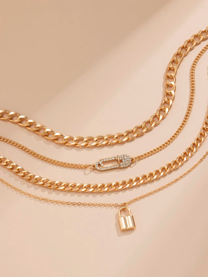 4pcs Chain Necklace Set with Rhinestone Safety Pin & Lock Charm – Gold & Silver Layered Chains for Daily & Party Looks