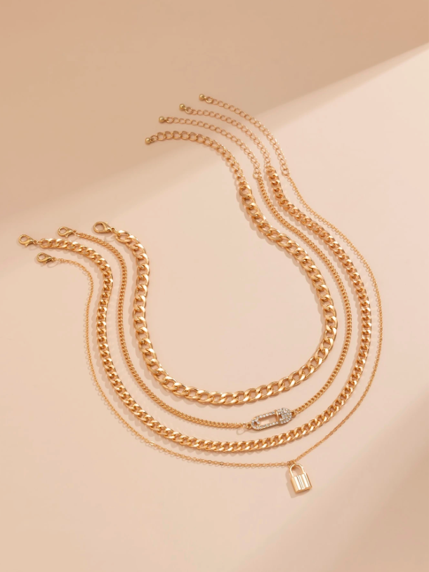 4pcs Chain Necklace Set with Rhinestone Safety Pin & Lock Charm – Gold & Silver Layered Chains for Daily & Party Looks