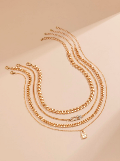 4pcs Chain Necklace Set with Rhinestone Safety Pin & Lock Charm – Gold & Silver Layered Chains for Daily & Party Looks