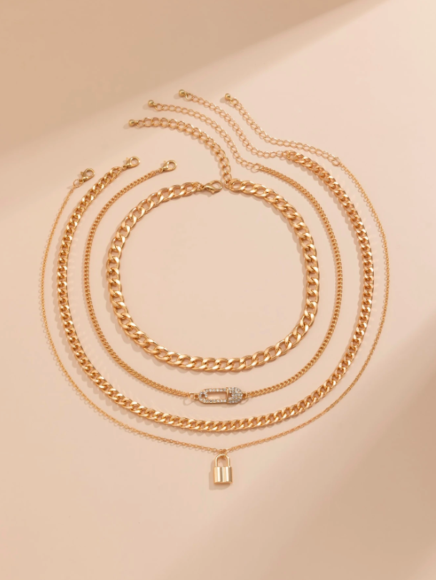 4pcs Chain Necklace Set with Rhinestone Safety Pin & Lock Charm – Gold & Silver Layered Chains for Daily & Party Looks