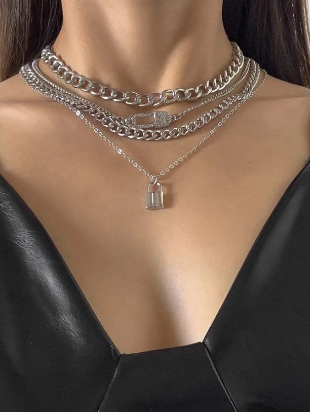 4pcs Chain Necklace Set with Rhinestone Safety Pin & Lock Charm – Gold & Silver Layered Chains for Daily & Party Looks