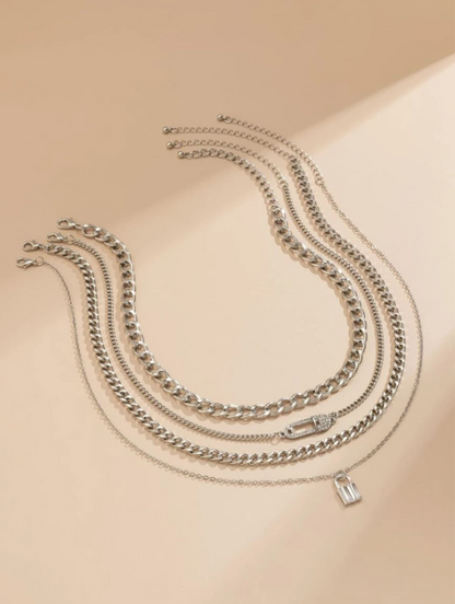 4pcs Chain Necklace Set with Rhinestone Safety Pin & Lock Charm – Gold & Silver Layered Chains for Daily & Party Looks