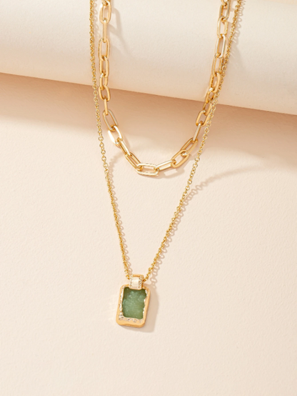 Trendy Geometric Charm Layered Necklace – Double-Layer Pendant with Rhinestone & Gemstone Accents