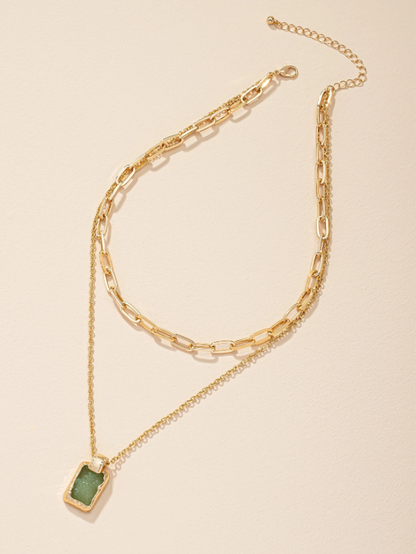 Trendy Geometric Charm Layered Necklace – Double-Layer Pendant with Rhinestone & Gemstone Accents