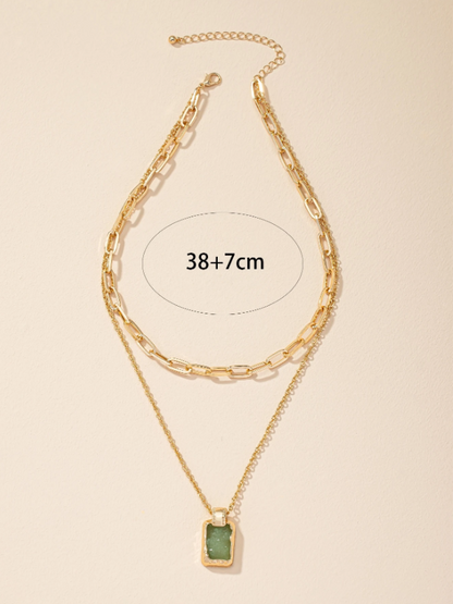 Trendy Geometric Charm Layered Necklace – Double-Layer Pendant with Rhinestone & Gemstone Accents