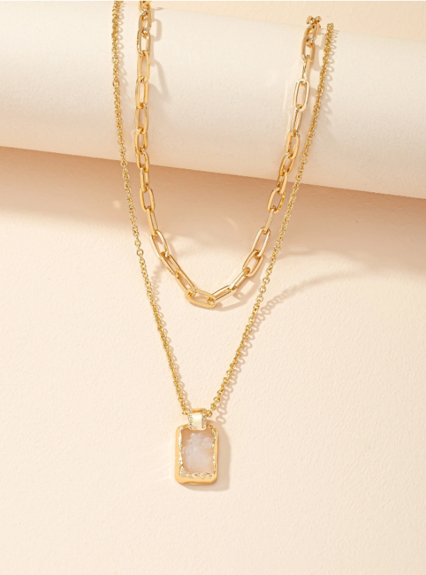 Trendy Geometric Charm Layered Necklace – Double-Layer Pendant with Rhinestone & Gemstone Accents