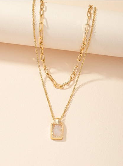 Trendy Geometric Charm Layered Necklace – Double-Layer Pendant with Rhinestone & Gemstone Accents