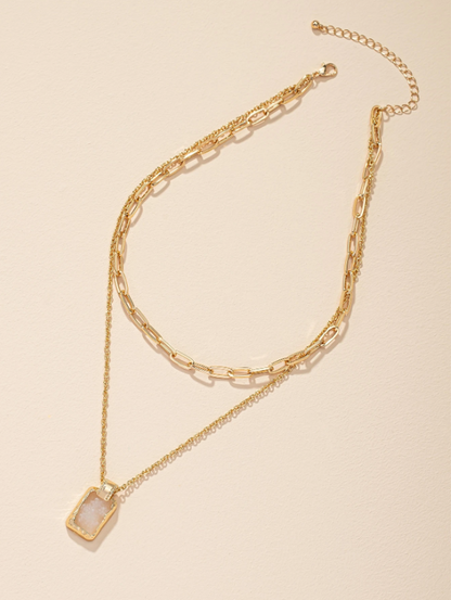 Trendy Geometric Charm Layered Necklace – Double-Layer Pendant with Rhinestone & Gemstone Accents