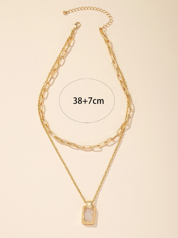 Trendy Geometric Charm Layered Necklace – Double-Layer Pendant with Rhinestone & Gemstone Accents