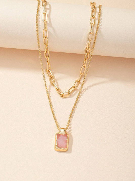 Trendy Geometric Charm Layered Necklace – Double-Layer Pendant with Rhinestone & Gemstone Accents