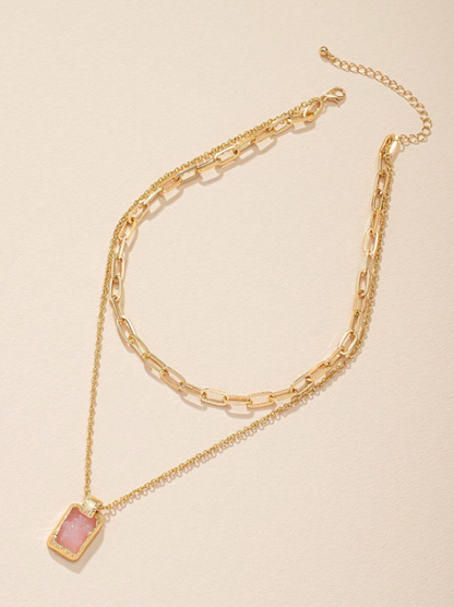 Trendy Geometric Charm Layered Necklace – Double-Layer Pendant with Rhinestone & Gemstone Accents