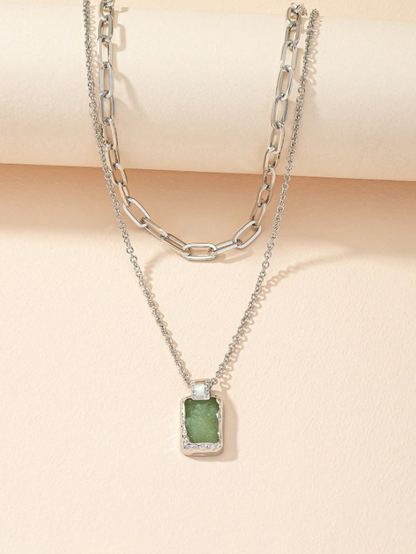 Trendy Geometric Charm Layered Necklace – Double-Layer Pendant with Rhinestone & Gemstone Accents