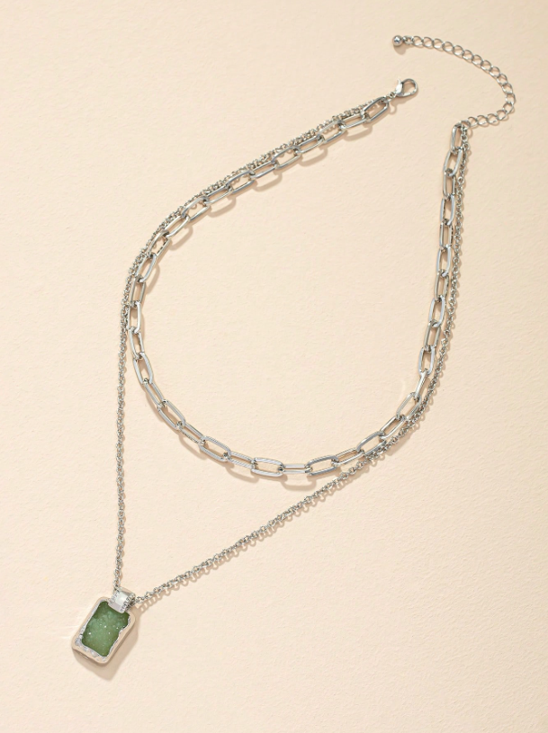 Trendy Geometric Charm Layered Necklace – Double-Layer Pendant with Rhinestone & Gemstone Accents
