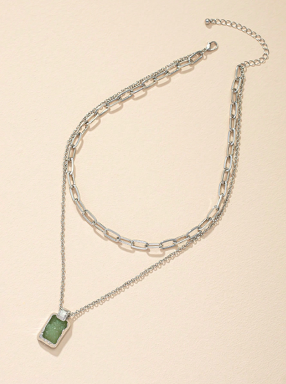 Trendy Geometric Charm Layered Necklace – Double-Layer Pendant with Rhinestone & Gemstone Accents