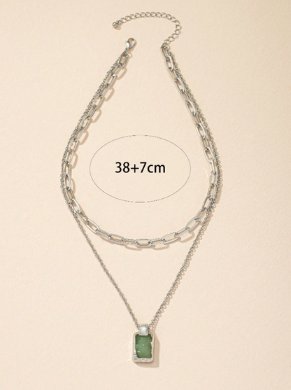 Trendy Geometric Charm Layered Necklace – Double-Layer Pendant with Rhinestone & Gemstone Accents