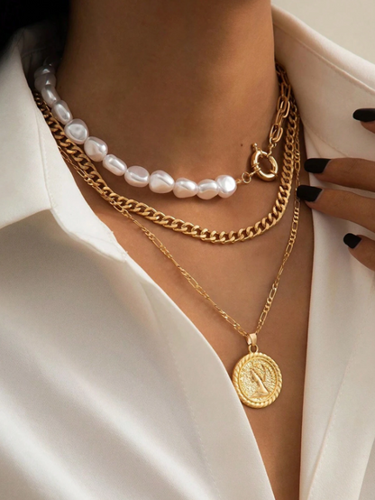 3pcs Layered Necklace with Pendant, Geometric Coin & Faux Pearl Detail for Women