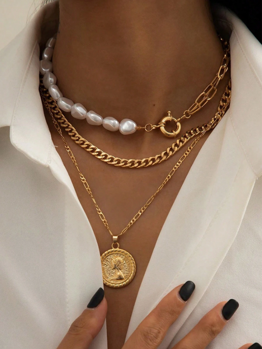 3pcs Layered Necklace with Pendant, Geometric Coin & Faux Pearl Detail for Women