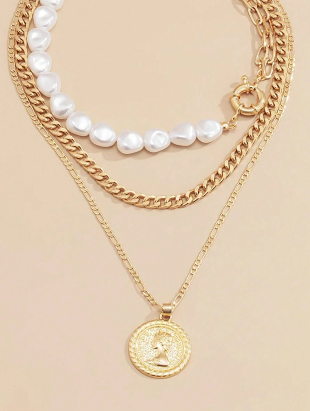 3pcs Layered Necklace with Pendant, Geometric Coin & Faux Pearl Detail for Women