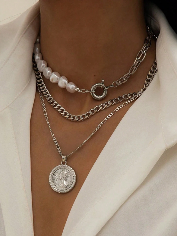 3pcs Layered Necklace with Pendant, Geometric Coin & Faux Pearl Detail for Women