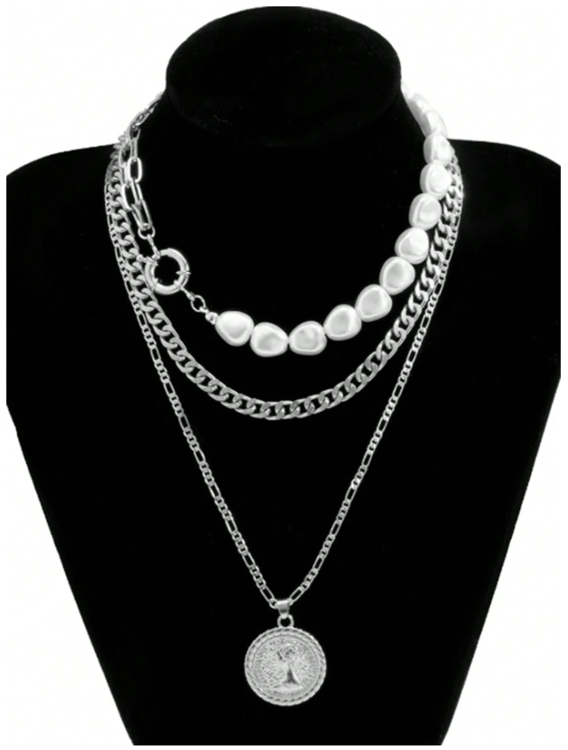 3pcs Layered Necklace with Pendant, Geometric Coin & Faux Pearl Detail for Women