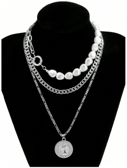 3pcs Layered Necklace with Pendant, Geometric Coin & Faux Pearl Detail for Women