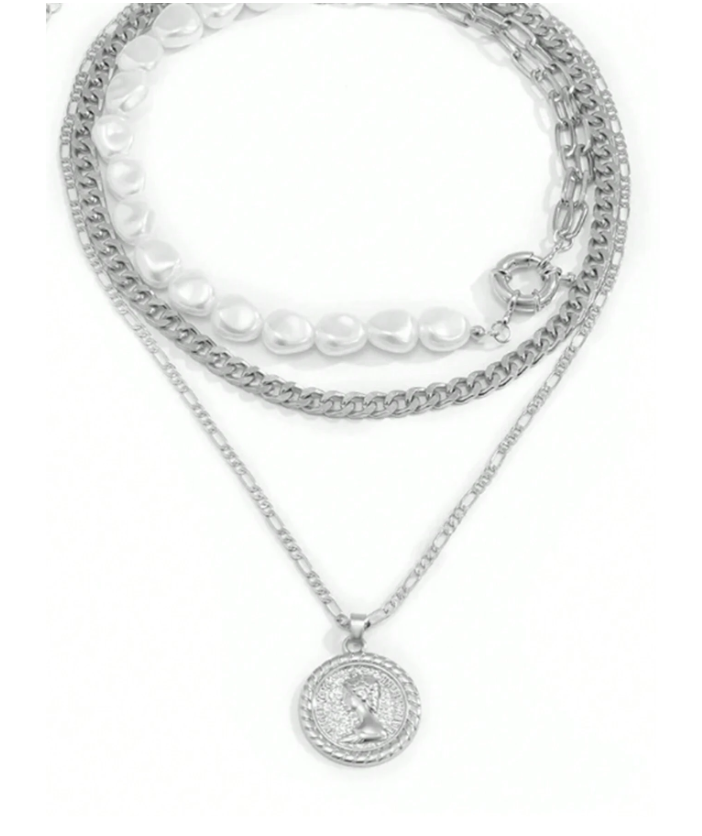 3pcs Layered Necklace with Pendant, Geometric Coin & Faux Pearl Detail for Women