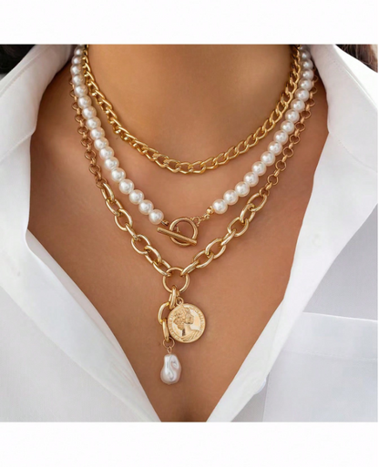 3pcs Layered Necklace Set with Heart, Coin & Cameo Pendant and Pearl Choker – Trendy Boho Style