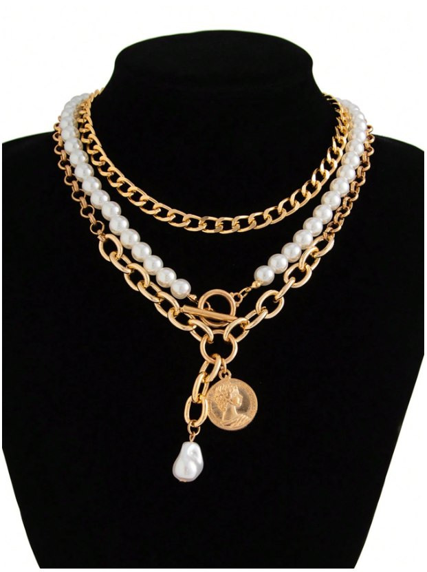 3pcs Layered Necklace Set with Heart, Coin & Cameo Pendant and Pearl Choker – Trendy Boho Style