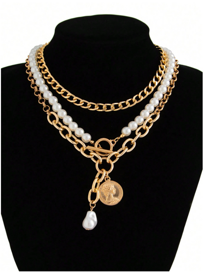 3pcs Layered Necklace Set with Heart, Coin & Cameo Pendant and Pearl Choker – Trendy Boho Style
