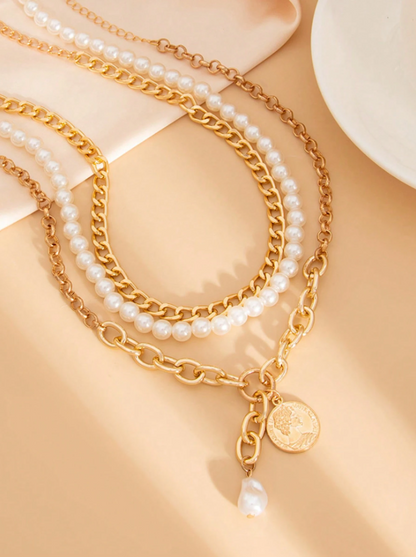 3pcs Layered Necklace Set with Heart, Coin & Cameo Pendant and Pearl Choker – Trendy Boho Style