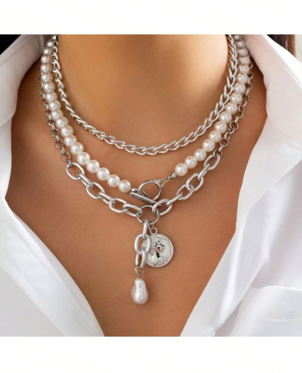 3pcs Layered Necklace Set with Heart, Coin & Cameo Pendant and Pearl Choker – Trendy Boho Style