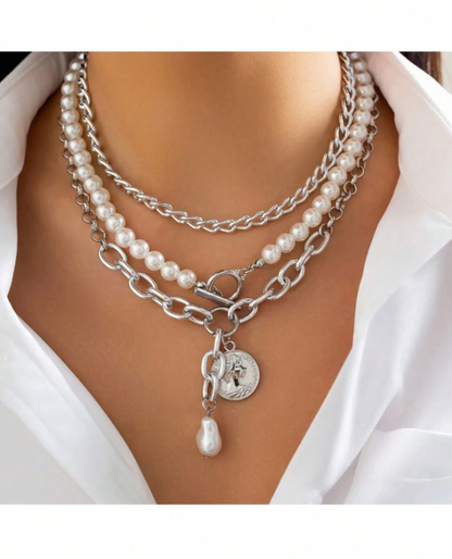 3pcs Layered Necklace Set with Heart, Coin & Cameo Pendant and Pearl Choker – Trendy Boho Style