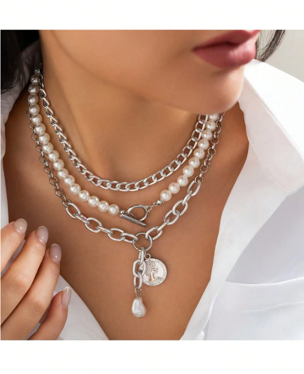 3pcs Layered Necklace Set with Heart, Coin & Cameo Pendant and Pearl Choker – Trendy Boho Style
