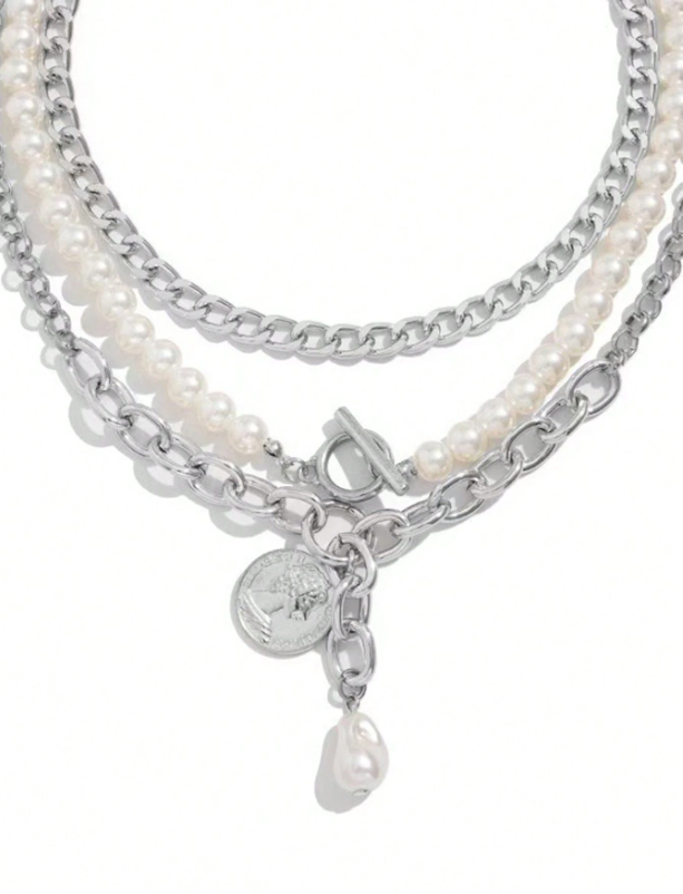 3pcs Layered Necklace Set with Heart, Coin & Cameo Pendant and Pearl Choker – Trendy Boho Style