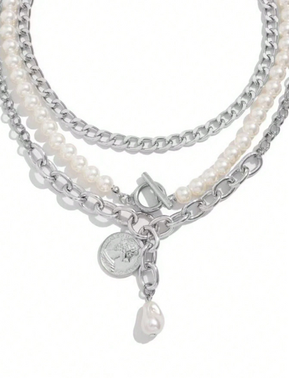 3pcs Layered Necklace Set with Heart, Coin & Cameo Pendant and Pearl Choker – Trendy Boho Style