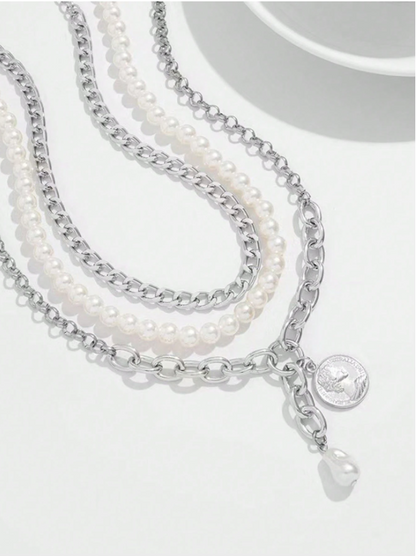 3pcs Layered Necklace Set with Heart, Coin & Cameo Pendant and Pearl Choker – Trendy Boho Style