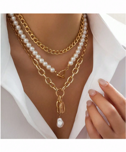 3pcs Layered Necklace Set with Heart, Coin & Cameo Pendant and Pearl Choker – Trendy Boho Style