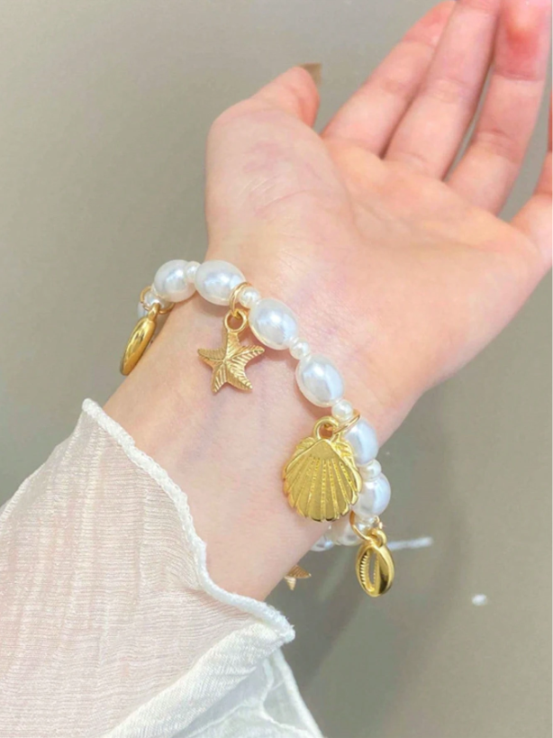 Starfish Shell Pearl Beaded Bracelet | Boho Beach Jewelry | Summer Resort Style Accessory