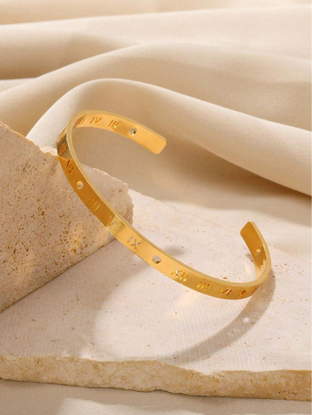 Gold Letter Detail Cuff Bangle | Rhinestone Bracelet | Trendy Vintage-Inspired Statement Jewelry